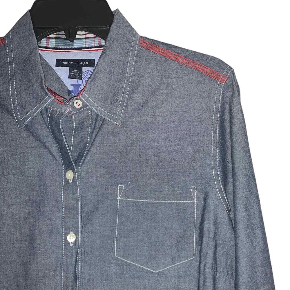 Tommy Hilfiger Button Down Shirt Boys Large Blue Long Sleeve Contrast Stitch